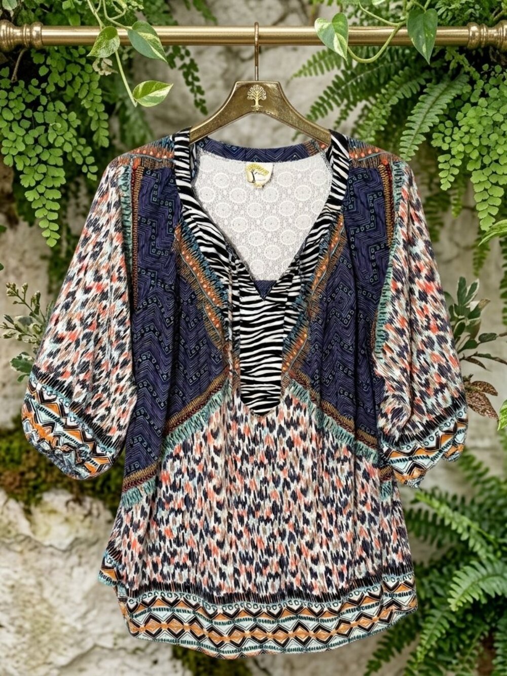 Figueroa & Flower Top 1X Plus Boho Mixed Media 3/4 Lace Sleeve Cottagecore Fairy